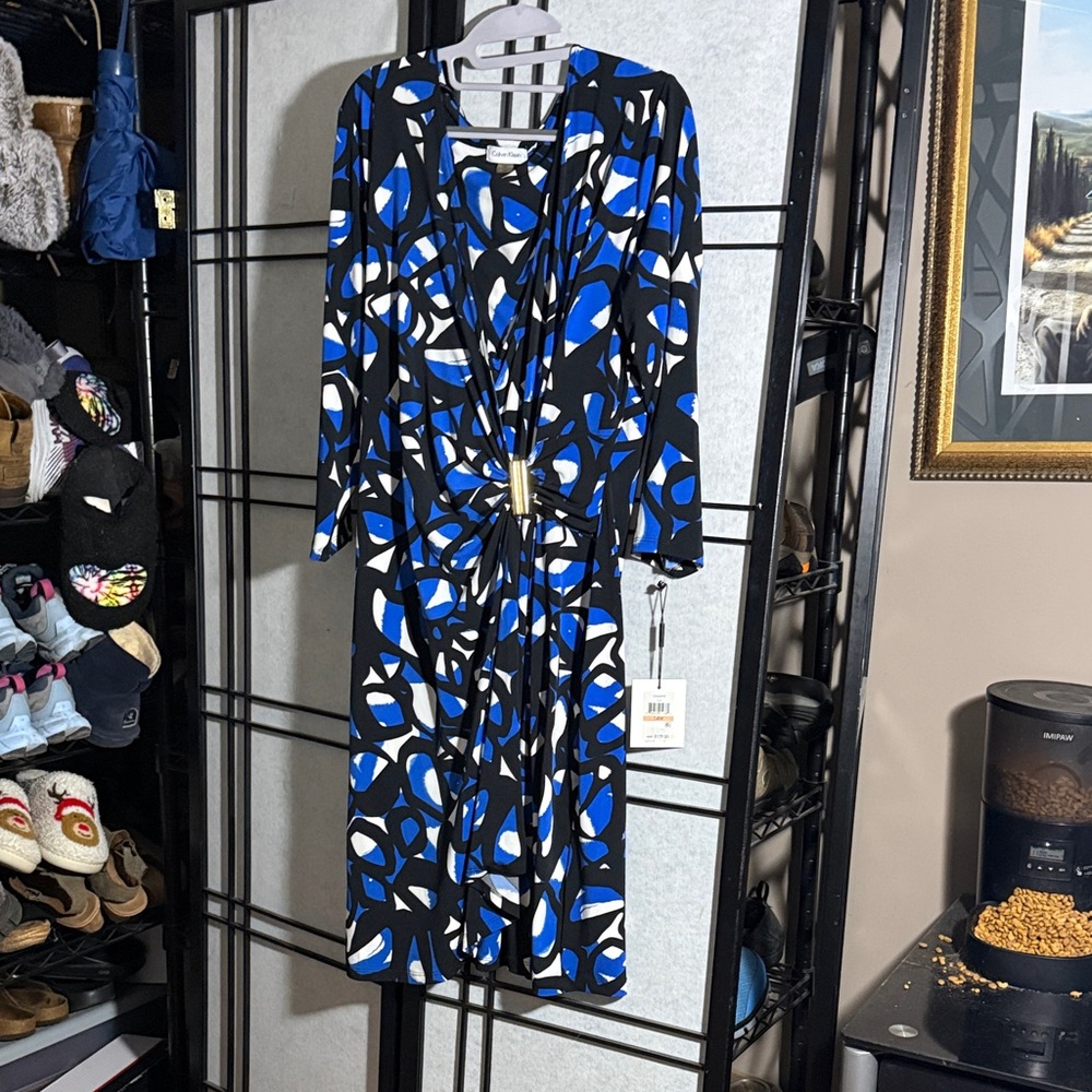 Calvin Klein Blue and Black Abstract Long Sleeve Dress NWT wrap style gold clip